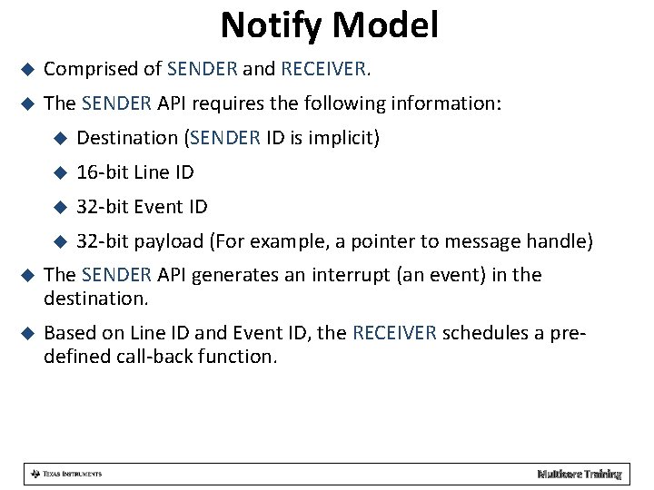 Notify Model Comprised of SENDER and RECEIVER. The SENDER API requires the following information: