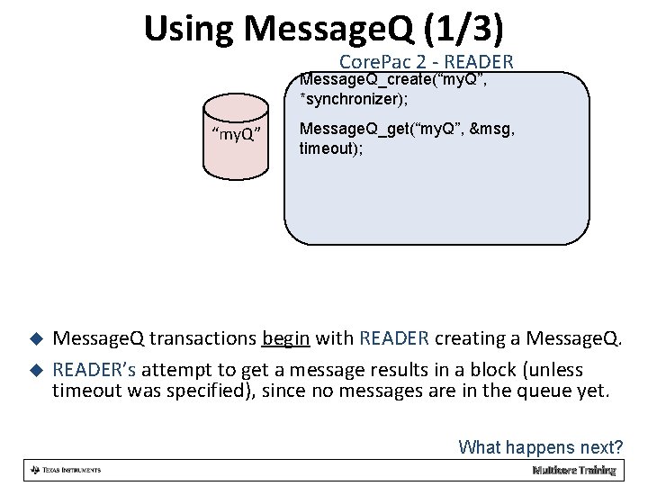 Using Message. Q (1/3) Core. Pac 2 - READER Message. Q_create(“my. Q”, *synchronizer); “my.