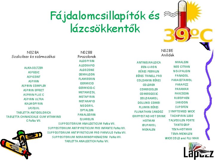 Fájdalomcsillapítók és lázcsökkentők N 02 BA Szalicilsav és származékai N 02 BB Pirazolonok ALGOPYRIN