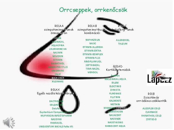 Orrcseppek, orrkenőcsök R 01 AA szimpatomimetikumok önmagukban AFRIN ALLENASAL AQUASPIRA LOLIMARINE HA NASIVIN NOVORIN