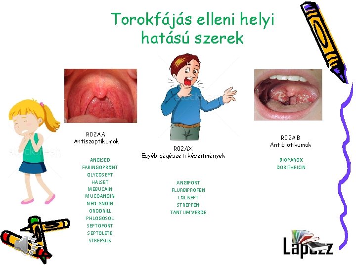 Torokfájás elleni helyi hatású szerek R 02 AA Antiszeptikumok ANGISED FARINGOPRONT GLYCOSEPT HALSET MEBUCAIN
