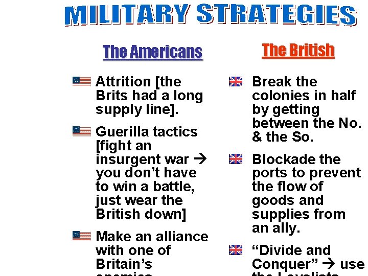 The Americans Attrition [the Brits had a long supply line]. Guerilla tactics [fight an