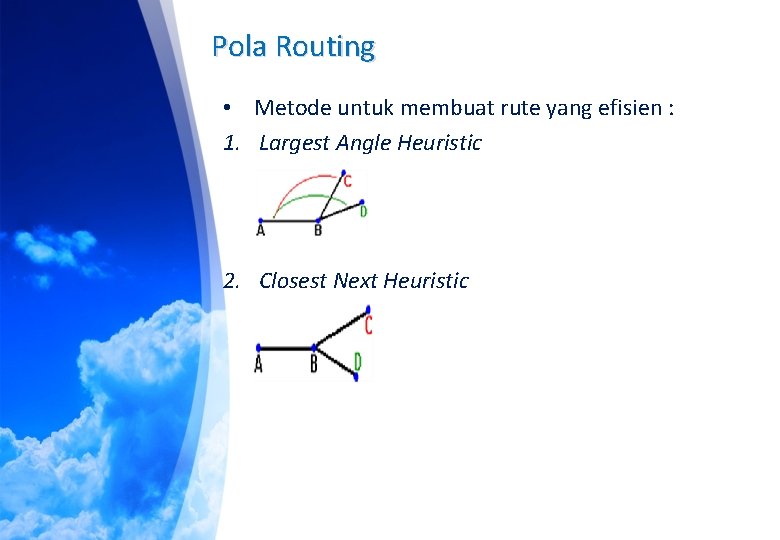 Pola Routing • Metode untuk membuat rute yang efisien : 1. Largest Angle Heuristic