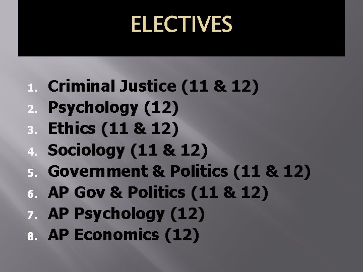 ELECTIVES 1. 2. 3. 4. 5. 6. 7. 8. Criminal Justice (11 & 12)