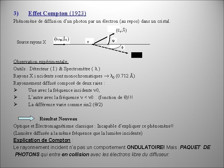 3) Effet Compton (1923) Phénomène de diffusion d’un photon par un électron (au repos)