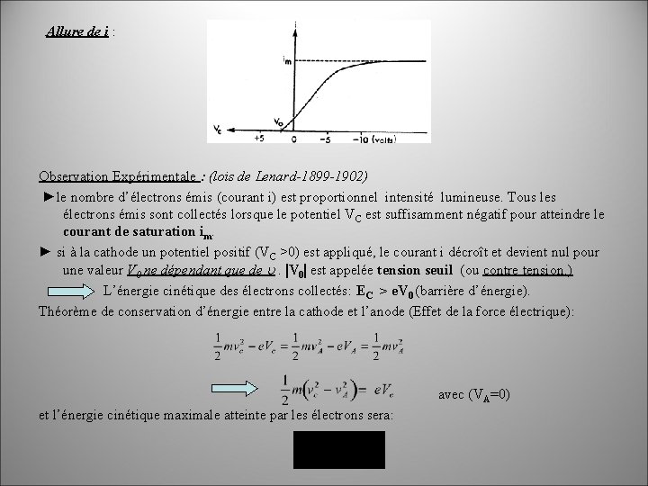 Allure de i : Observation Expérimentale : (lois de Lenard-1899 -1902) ►le nombre d’électrons