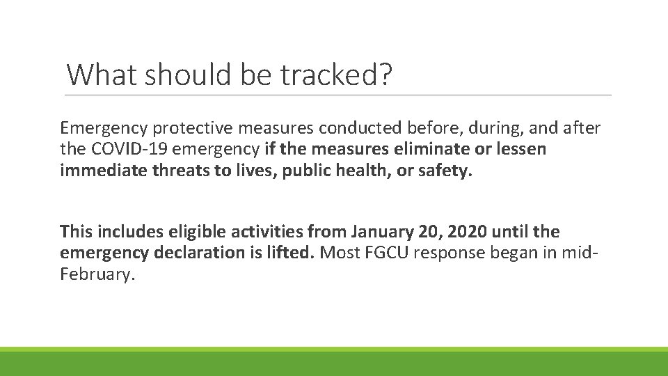 What should be tracked? Emergency protective measures conducted before, during, and after the COVID-19