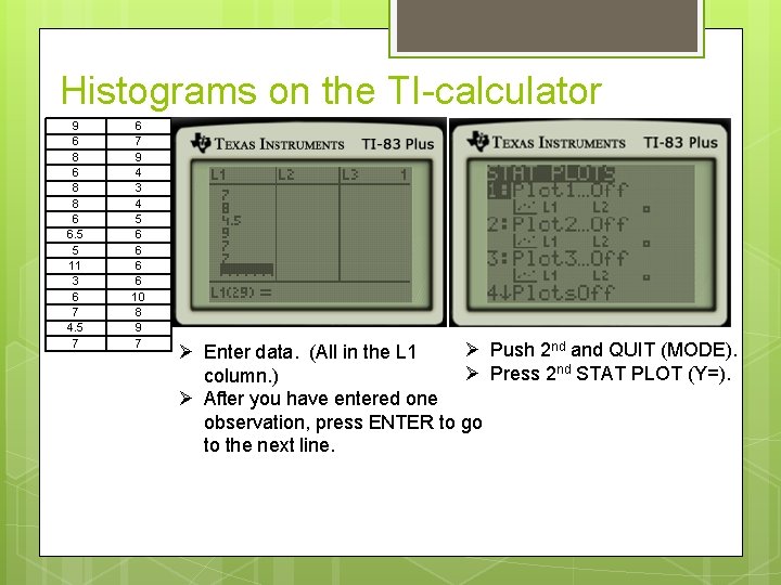 Histograms on the TI-calculator 9 6 8 8 6 6. 5 5 11 3