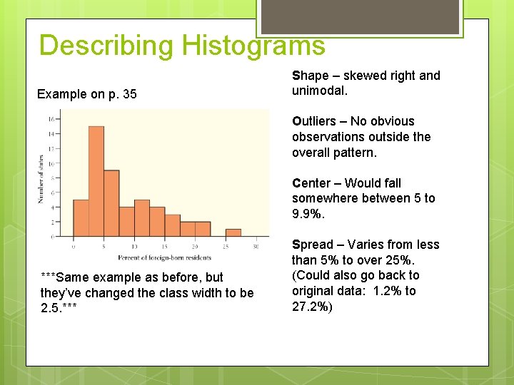 Describing Histograms Example on p. 35 Shape – skewed right and unimodal. Outliers –