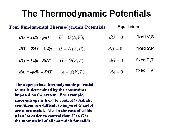 The Thermodynamic Potentials Four Fundamental Thermodynamic Potentials Equilibrium d. U = Td. S -