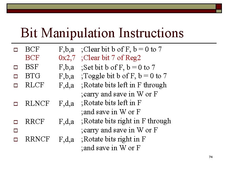 Bit Manipulation Instructions BCF BSF BTG RLCF F, b, a 0 x 2, 7