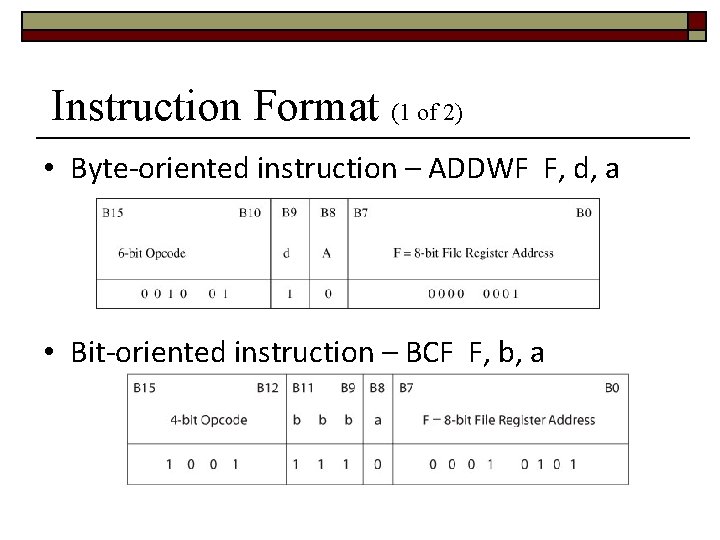 Instruction Format (1 of 2) • Byte-oriented instruction – ADDWF F, d, a •