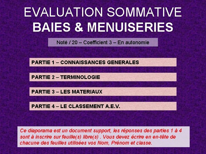 EVALUATION SOMMATIVE BAIES & MENUISERIES Noté / 20 – Coefficient 3 – En autonomie