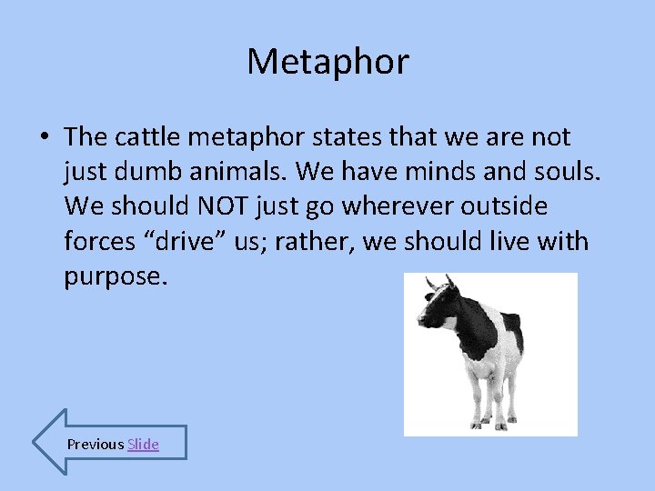 Metaphor • The cattle metaphor states that we are not just dumb animals. We