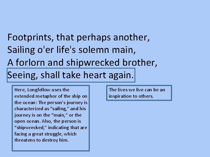 Footprints, that perhaps another, Sailing o'er life's solemn main, A forlorn and shipwrecked brother,
