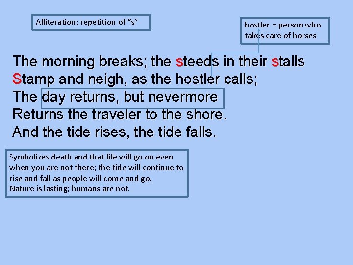 Alliteration: repetition of “s” hostler = person who takes care of horses The morning