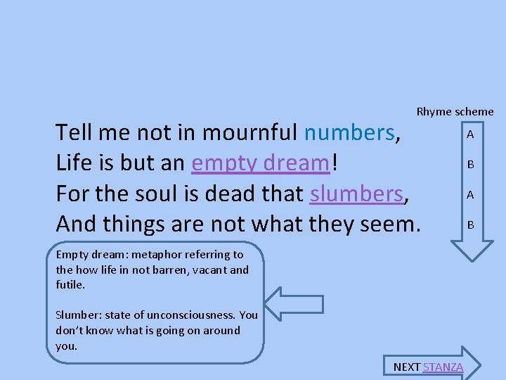 Rhyme scheme Tell me not in mournful numbers, Life is but an empty dream!