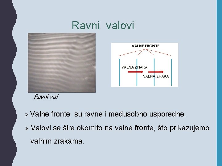 Ravni valovi Ravni val Ø Valne fronte su ravne i međusobno usporedne. Ø Valovi