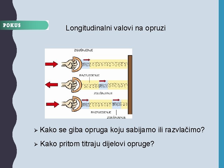 Longitudinalni valovi na opruzi Ø Kako se giba opruga koju sabijamo ili razvlačimo? Ø