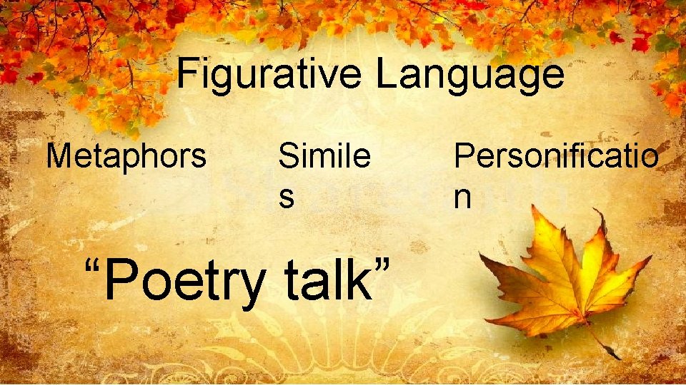Figurative Language Metaphors Simile s “Poetry talk” Personificatio n 