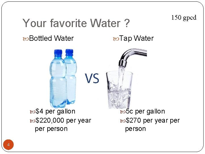 Your favorite Water ? Bottled Water Tap Water $4 per gallon 5 c per