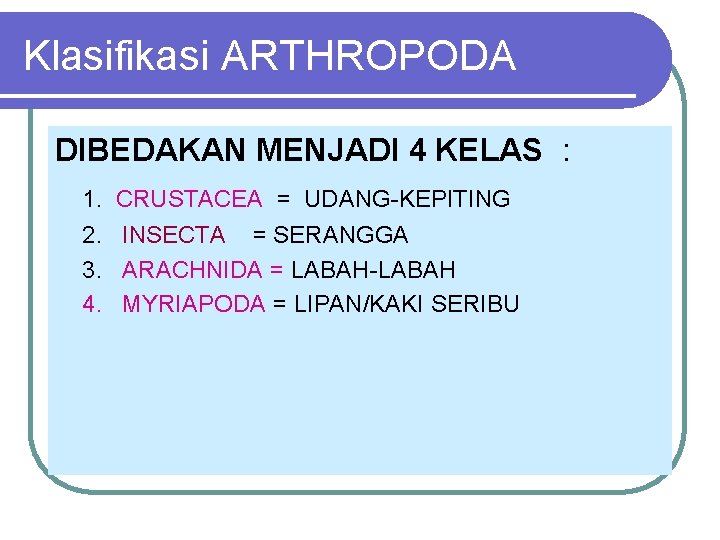 Klasifikasi ARTHROPODA DIBEDAKAN MENJADI 4 KELAS : 1. CRUSTACEA = UDANG-KEPITING 2. INSECTA =