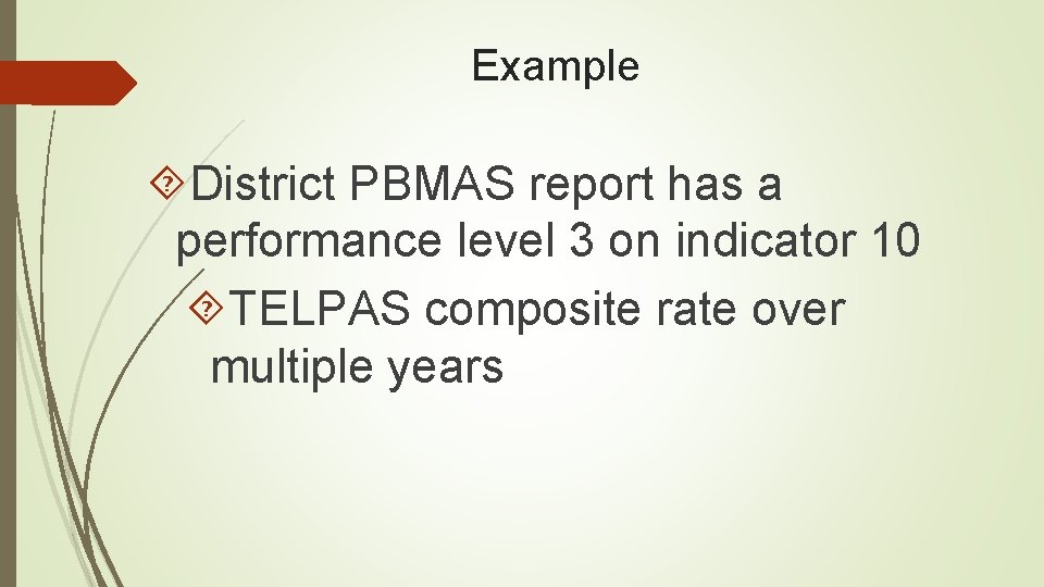 Example District PBMAS report has a performance level 3 on indicator 10 TELPAS composite