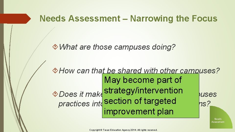 Needs Assessment – Narrowing the Focus What are those campuses doing? How can that