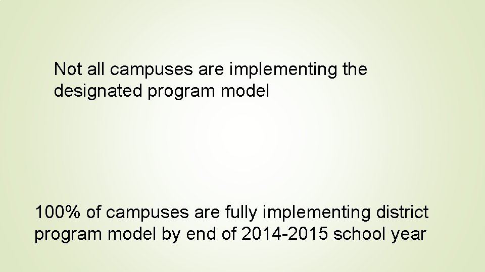 Not all campuses are implementing the designated program model 100% of campuses are fully