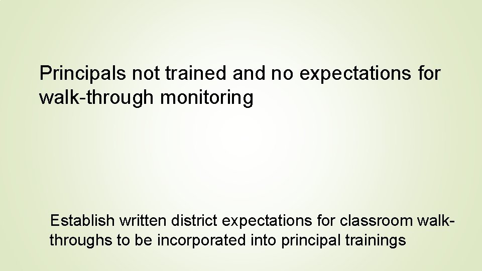Principals not trained and no expectations for walk-through monitoring Establish written district expectations for