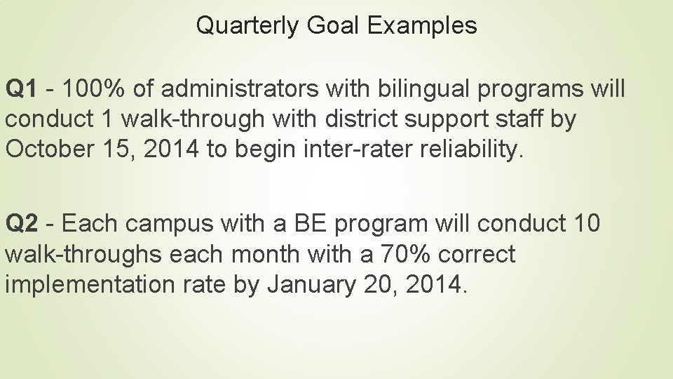 Quarterly Goal Examples Q 1 - 100% of administrators with bilingual programs will conduct