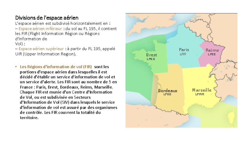 Divisions de l'espace aérien L'espace aérien est subdivisé horizontalement en : – Espace aérien