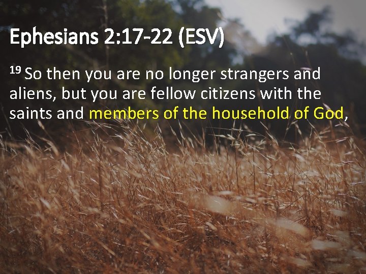 Ephesians 2: 17 -22 (ESV) 19 So then you are no longer strangers and