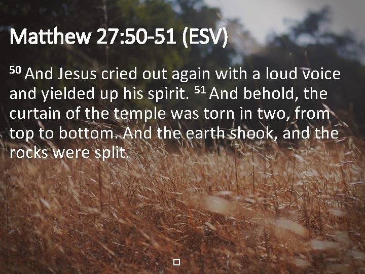 Matthew 27: 50 -51 (ESV) 50 And Jesus cried out again with a loud