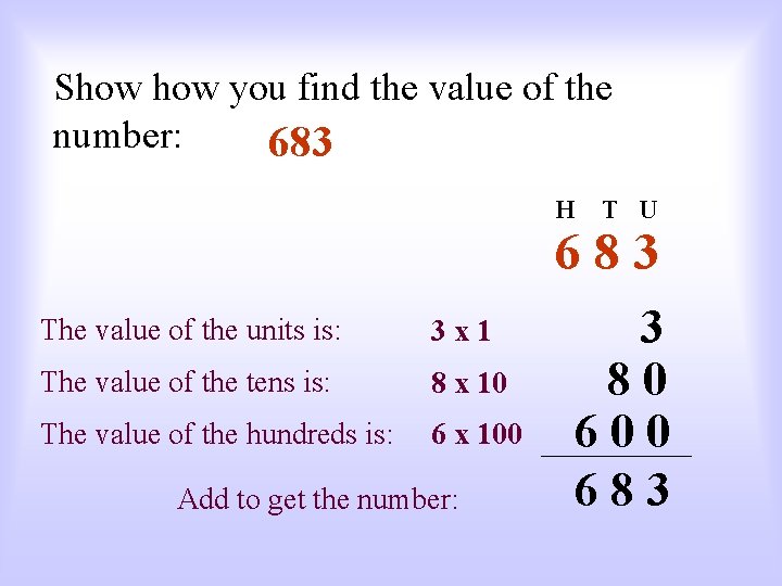 Show you find the value of the number: 683 H T U 683 The