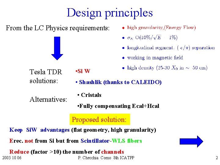 Design principles From the LC Physics requirements: Tesla TDR solutions: Alternatives: • Si W