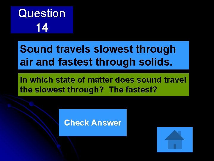Question 14 Sound travels slowest through air and fastest through solids. In which state