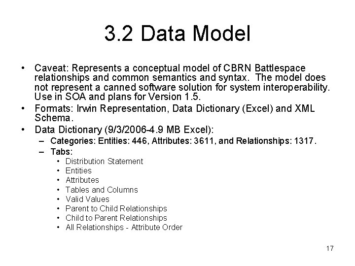 3. 2 Data Model • Caveat: Represents a conceptual model of CBRN Battlespace relationships