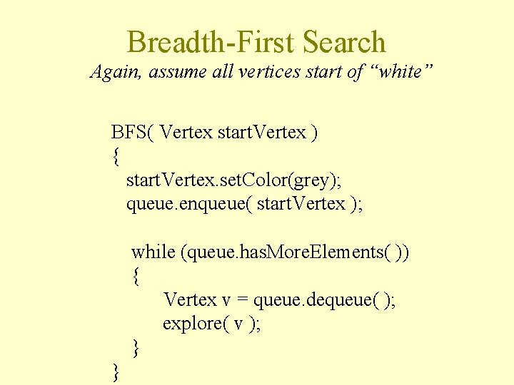 Breadth-First Search Again, assume all vertices start of “white” BFS( Vertex start. Vertex )