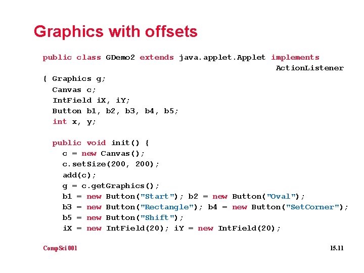 Graphics with offsets public class GDemo 2 extends java. applet. Applet implements Action. Listener
