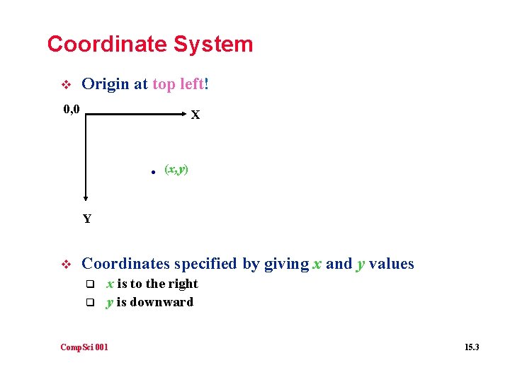 Coordinate System v Origin at top left! 0, 0 X . (x, y) Y