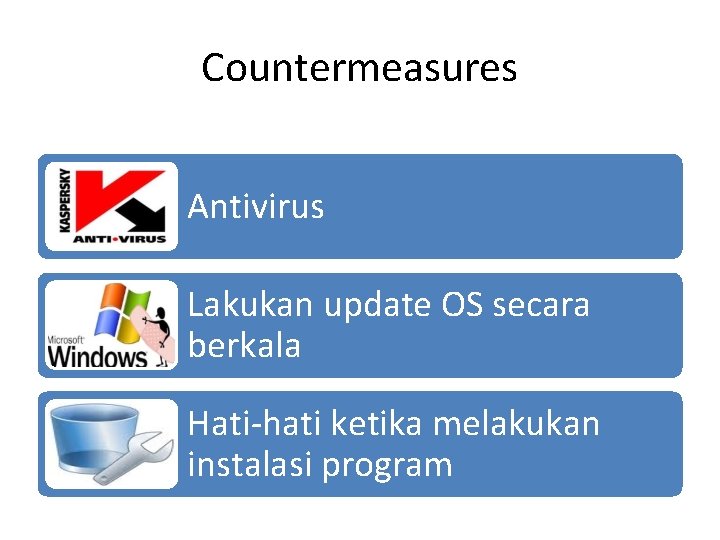 Countermeasures Antivirus Lakukan update OS secara berkala Hati-hati ketika melakukan instalasi program 