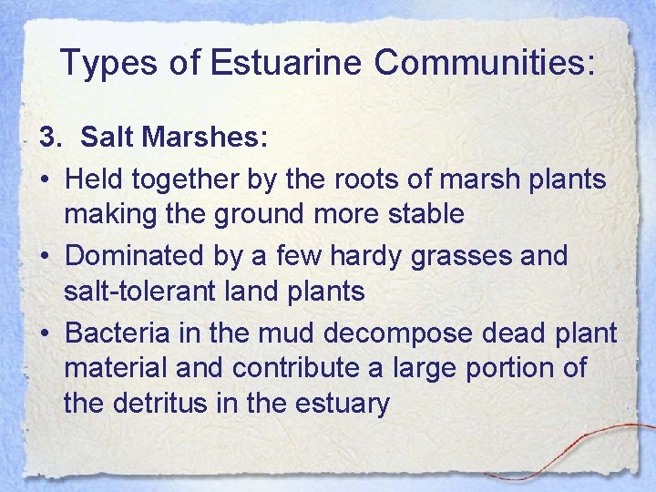 Types of Estuarine Communities: 3. Salt Marshes: • Held together by the roots of