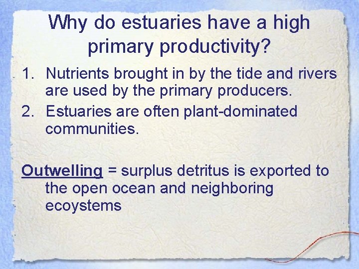 Why do estuaries have a high primary productivity? 1. Nutrients brought in by the