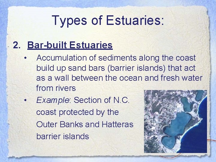 Types of Estuaries: 2. Bar-built Estuaries • • Accumulation of sediments along the coast