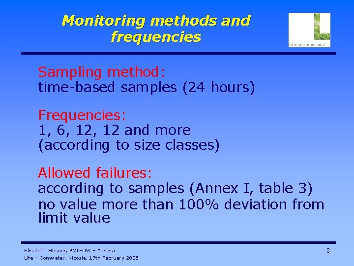 Monitoring methods and frequencies Sampling method: time-based samples (24 hours) Frequencies: 1, 6, 12