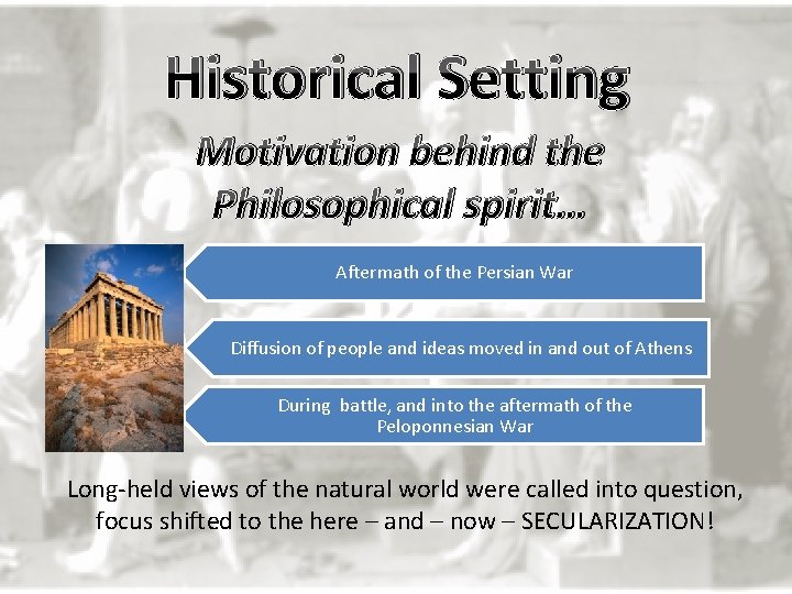 Historical Setting Motivation behind the Philosophical spirit… Aftermath of the Persian War Diffusion of