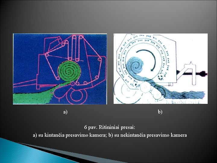 a) b) 6 pav. Ritininiai presai: a) su kintančia presavimo kamera; b) su nekintančia