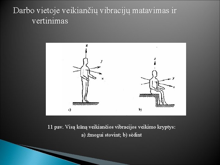 Darbo vietoje veikiančių vibracijų matavimas ir vertinimas 11 pav. Visą kūną veikiančios vibracijos veikimo