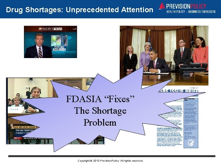 Drug Shortages: Unprecedented Attention FDASIA “Fixes” The Shortage Problem Copyright © 2013 Prevision. Policy.